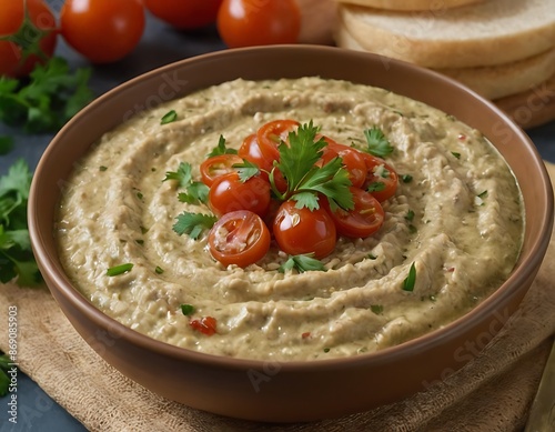 Baba ganoush dip made with grilled aubergine or eggplant, lemon juice, olive oil and tahini. Vegetarian starter food photo