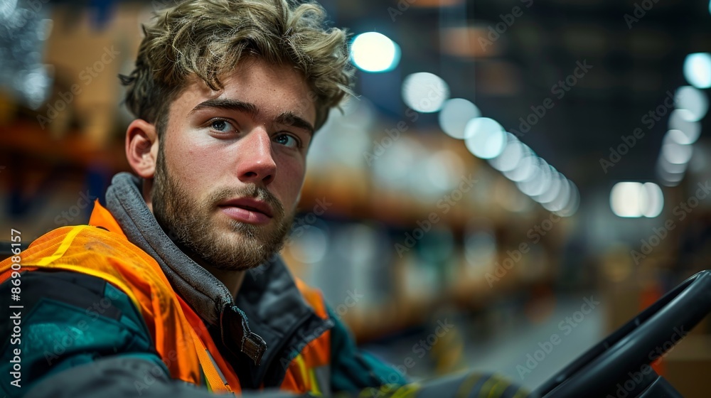 Fototapeta premium Young Man Working in a Warehouse - Generative AI