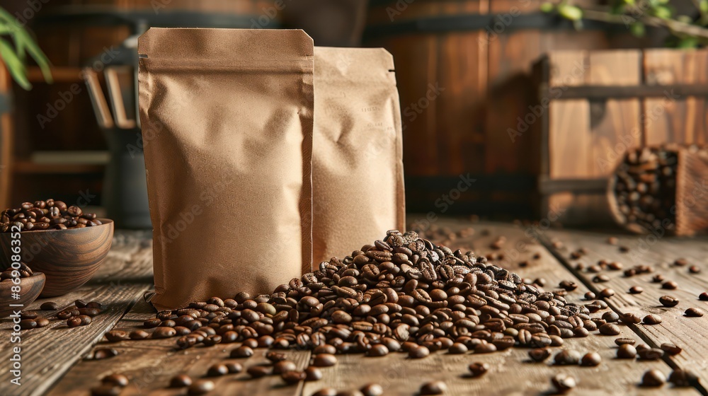 Two coffee bags for simulating coffee beans, earth tones, on a wooden table. Two coffee bags for simulating coffee beans, earth tones, on a wooden table.