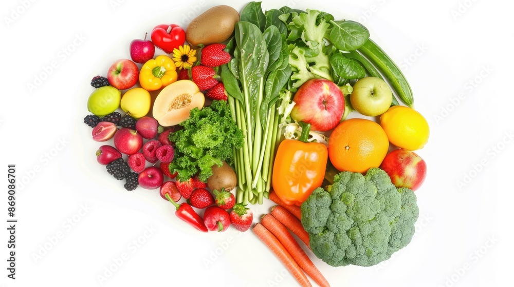 Brain shape made of mixed fruits and vegetables, isolated on white, emphasizing the importance of nutrition. Brain shape made of mixed fruits and vegetables, isolated on white, emphasizing the importance of nutrition.