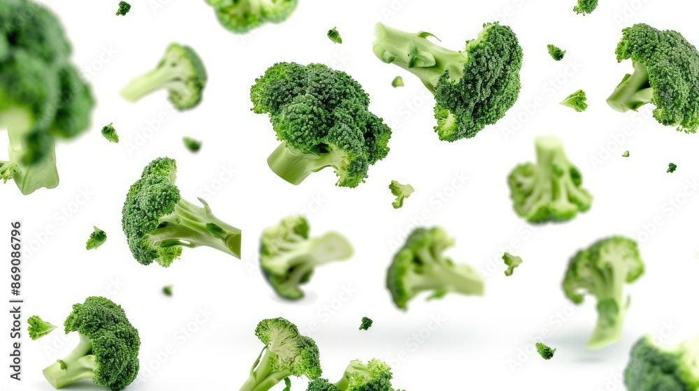 Broccoli florets falling from above on a white background, emphasizing freshness and natural goodness. Broccoli florets falling from above on a white background, emphasizing freshness and natural goodness.