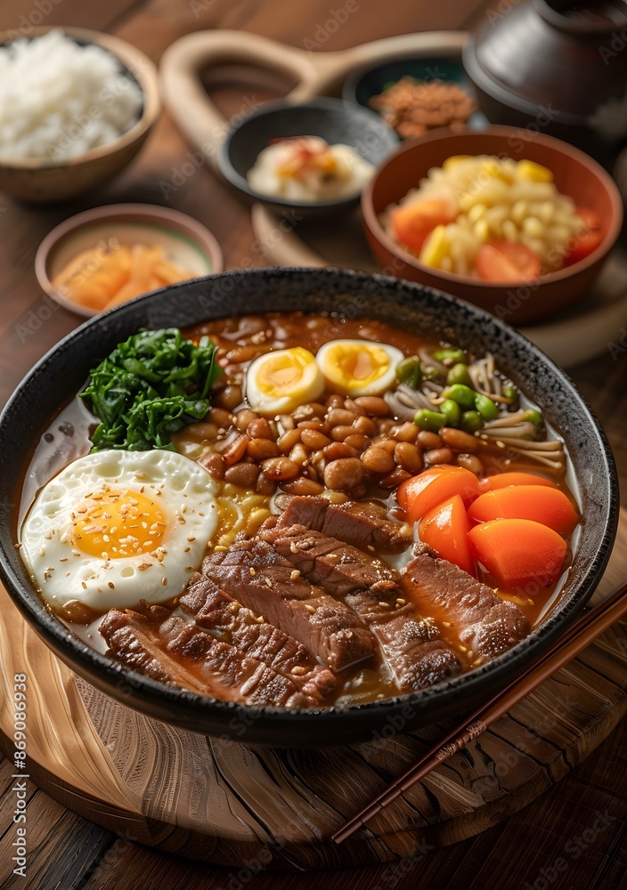 A delicious bowl of ramen with beef, eggs, and vegetables. A delicious bowl of ramen with beef, eggs, and vegetables.