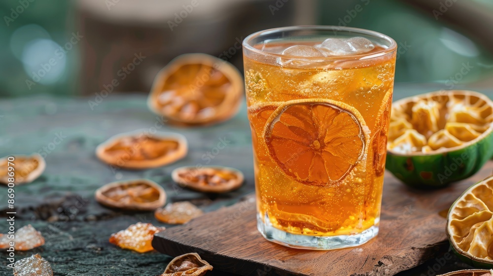 Chilled glass of bael fruit juice and dried bael slices, perfect for a natural refreshment. Chilled glass of bael fruit juice and dried bael slices, perfect for a natural refreshment.