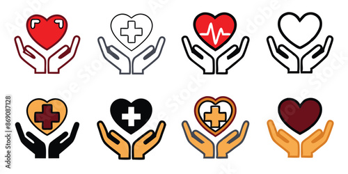 Heart in hand icons set. Hands holding heart icon. Love icon. Health, medicine symbol. Healthcare hands holding heart flat and line style - stock vector.