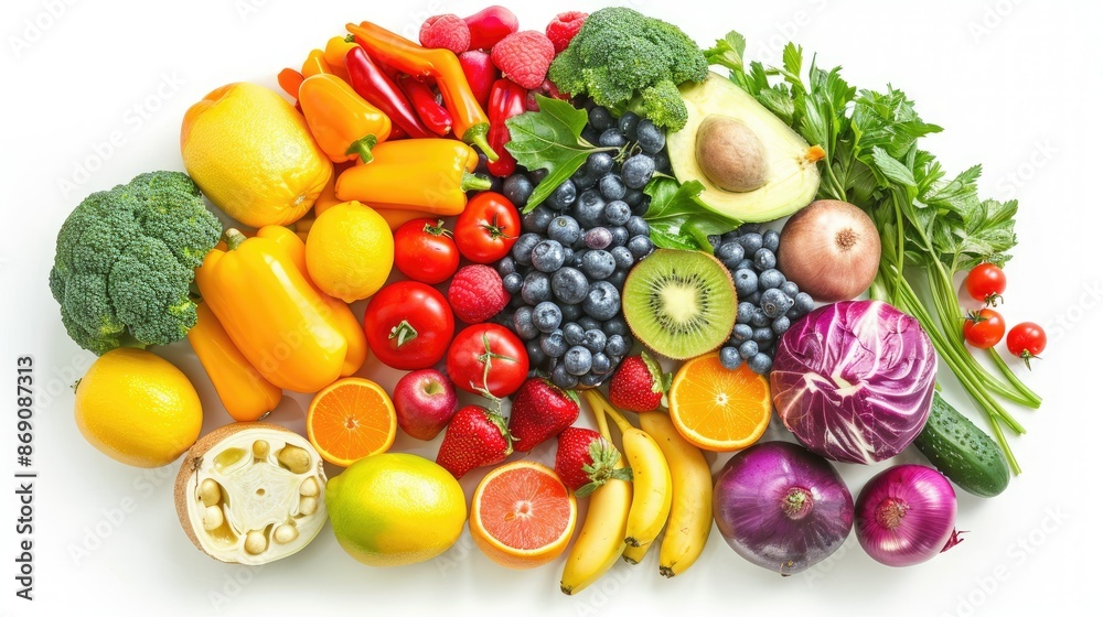 Creative brain representation using assorted fruits and vegetables on a white background, showcasing nutrition. Creative brain representation using assorted fruits and vegetables on a white background, showcasing nutrition.
