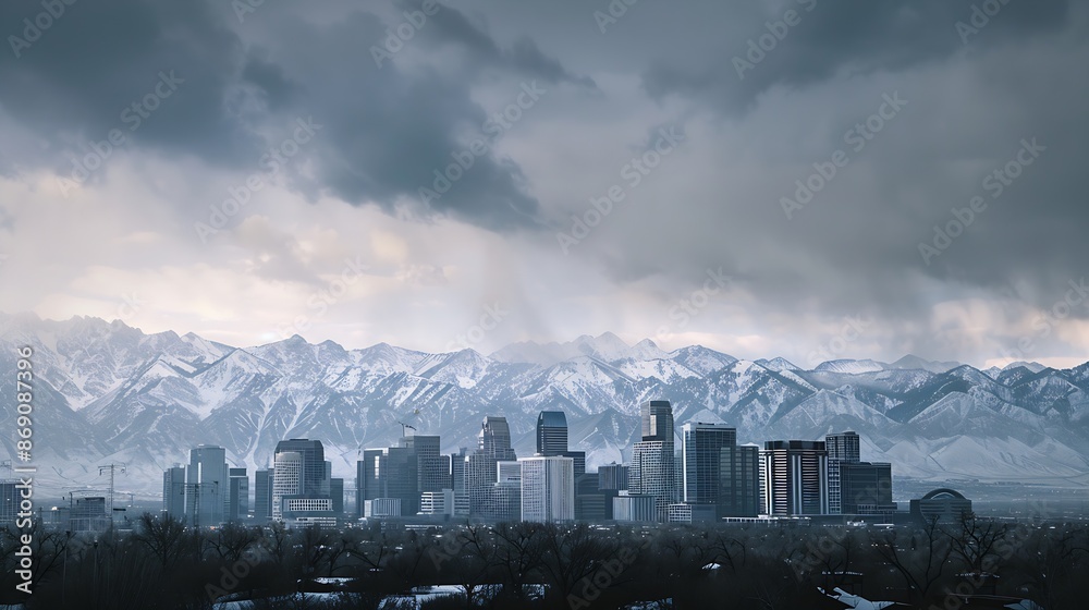 Fototapeta premium Skyline of Salt Lake City downtown in Utah with Wasatch Range Mountains in the background : Generative AI