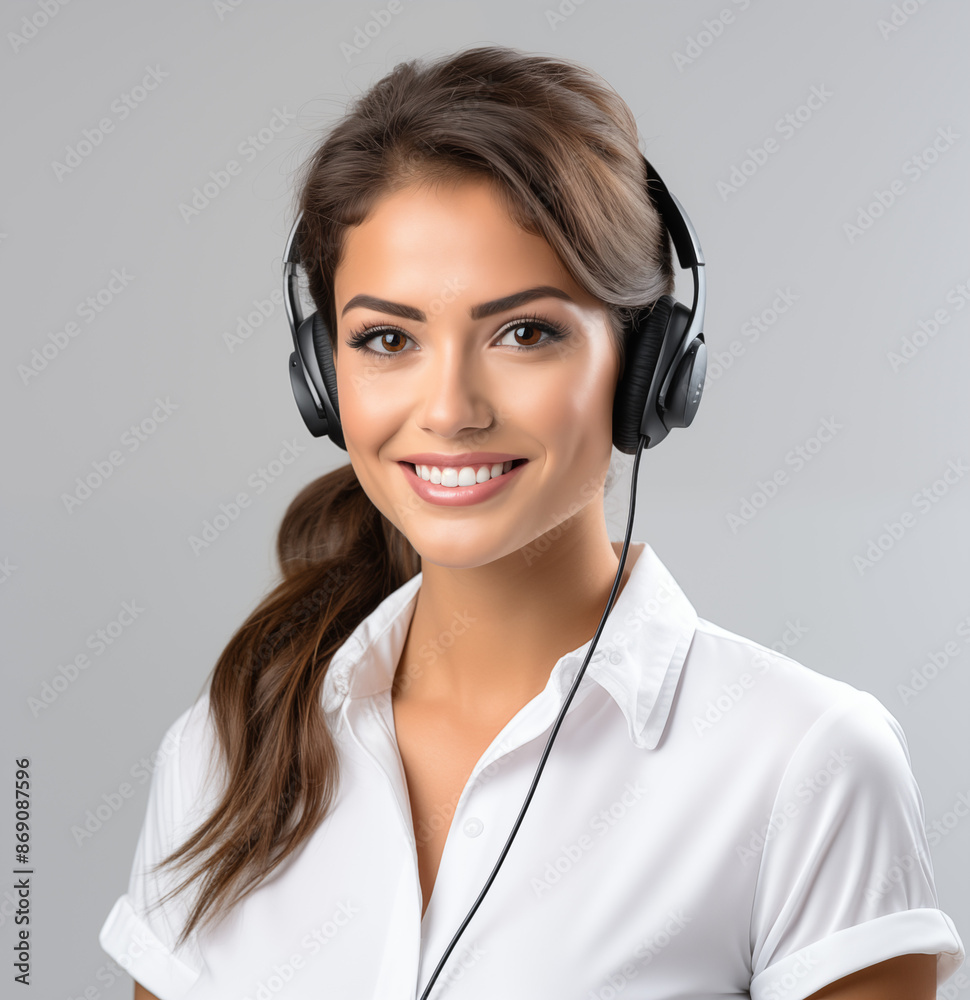 Beautiful young laughing cheerful woman with headphones with microphone Beautiful young laughing cheerful woman with headphones with microphone