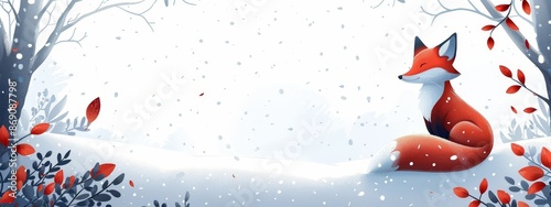  A red fox atop a snow-covered ground adjacent to a forest, adorned with trees bearing red leaves