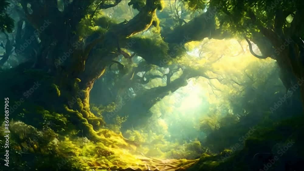 A beautiful fairytale enchanted forest with big trees and great vegetation A beautiful fairytale enchanted forest with big trees and great vegetation