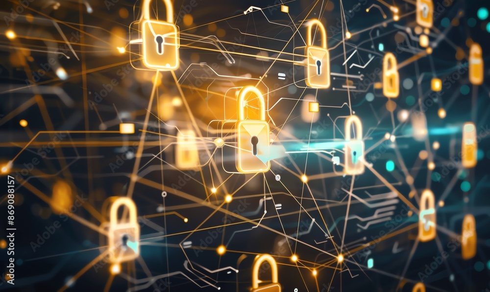 Cybersecurity Network with Glowing Padlocks Cybersecurity Network with Glowing Padlocks