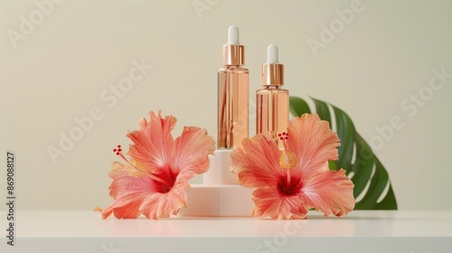 Elegant display of hibiscus flower and skincare ampoules on a white table, perfect for beauty product photography.