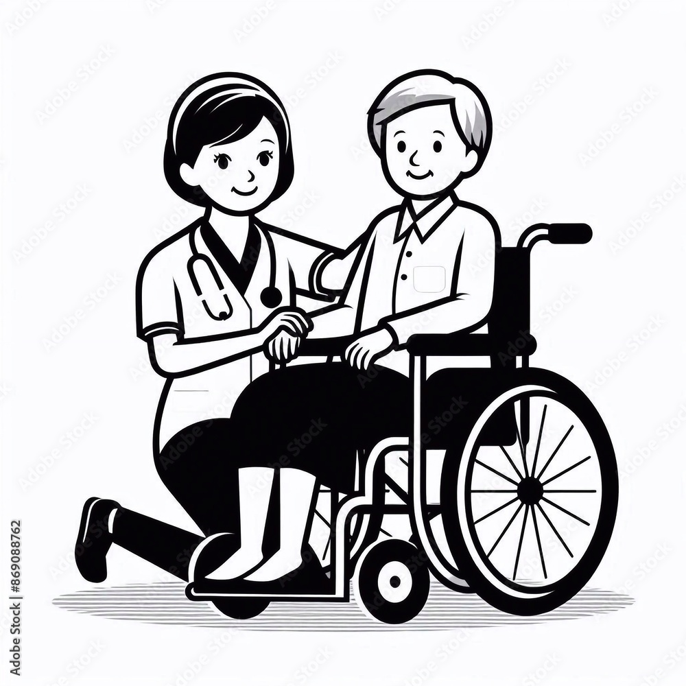 Caregiver and Elderly Woman in Wheelchair, Vector Illustration Caregiver and Elderly Woman in Wheelchair, Vector Illustration