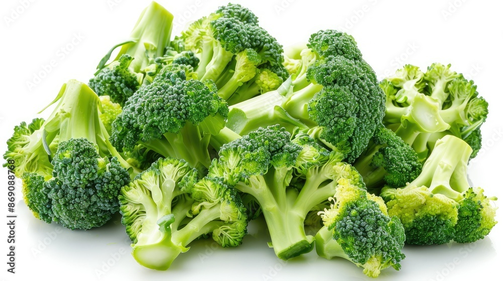Fresh green broccoli cascading on white surface, ideal for promoting nutritious diet choices. Fresh green broccoli cascading on white surface, ideal for promoting nutritious diet choices.