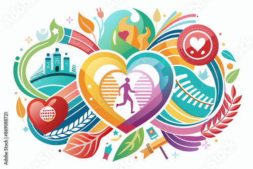 A heart-shaped collage with symbols representing health, wellness, and community.