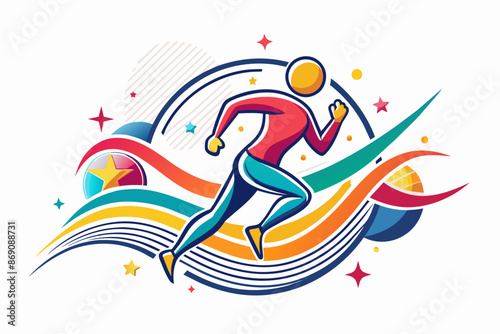 Dynamic runner and curves, retro vibe, June 5. Global Running Day concept