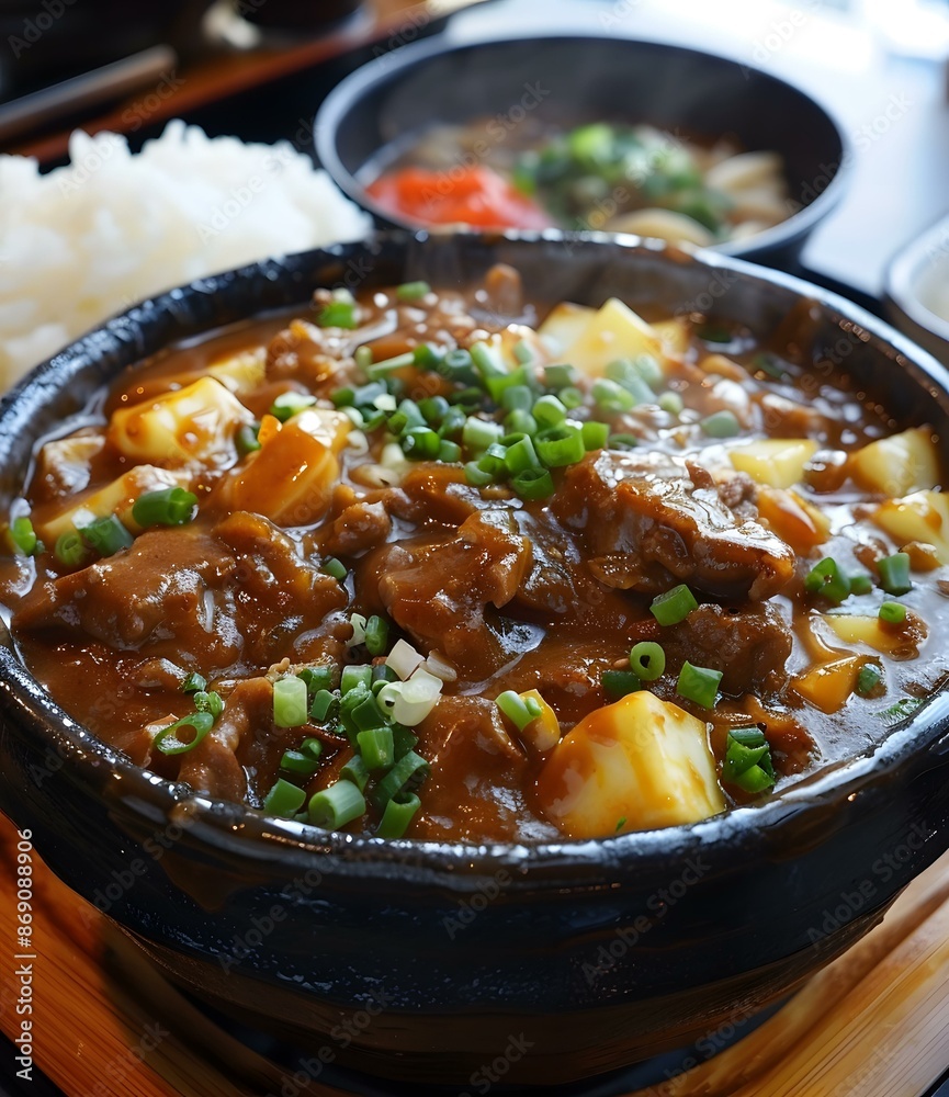 Steaming bowl of Japanese curry with beef and tofu Steaming bowl of Japanese curry with beef and tofu