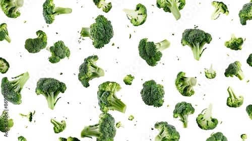 Green broccoli pieces descending against a white background, showcasing farm-fresh vegetable freshness.