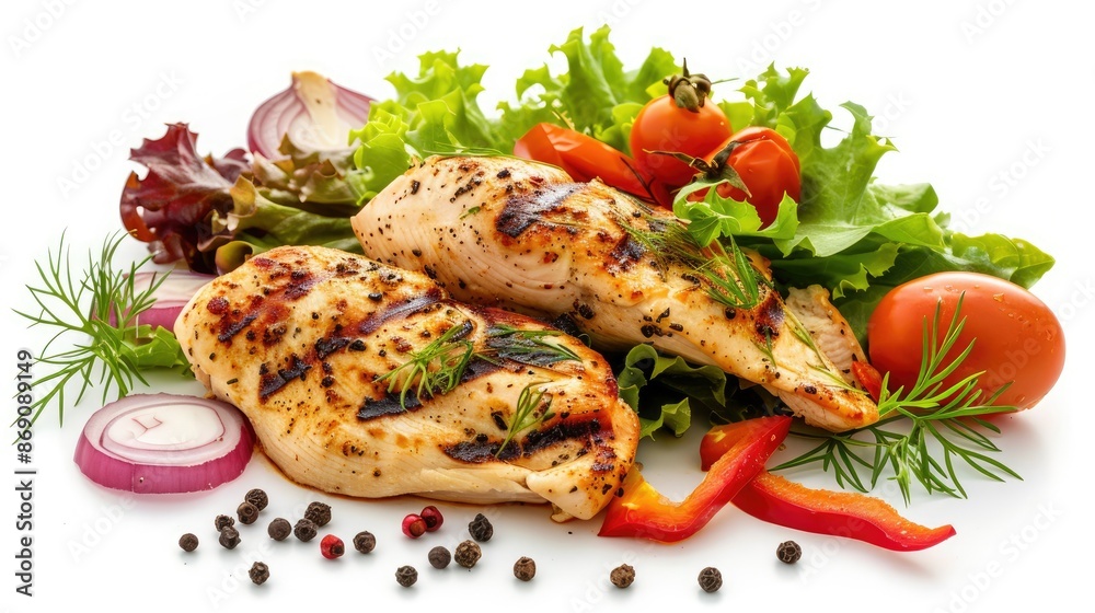 Grilled chicken breast accompanied by a variety of fresh salad ingredients, isolated on white for nutritious meal concepts. Grilled chicken breast accompanied by a variety of fresh salad ingredients, isolated on white for nutritious meal concepts.