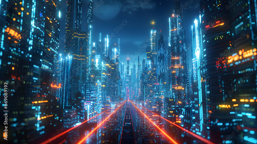 The concept of high-speed internet connection visualized as glowing cable webs sending digital data over spectacular futuristic cyberpunk cityscape with skyscrapers The concept of high-speed internet connection visualized as glowing cable webs sending digital data over spectacular futuristic cyberpunk cityscape with skyscrapers
