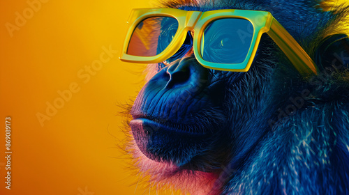 close up of a monkey wearing sunglasses photo