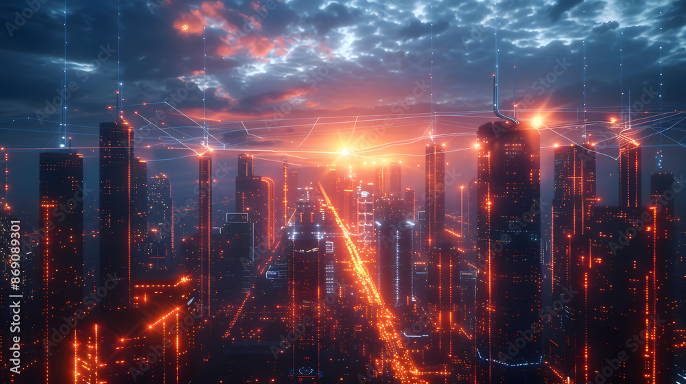 The concept of high-speed internet connection visualized as glowing cable webs sending digital data over spectacular futuristic cyberpunk cityscape with skyscrapers The concept of high-speed internet connection visualized as glowing cable webs sending digital data over spectacular futuristic cyberpunk cityscape with skyscrapers