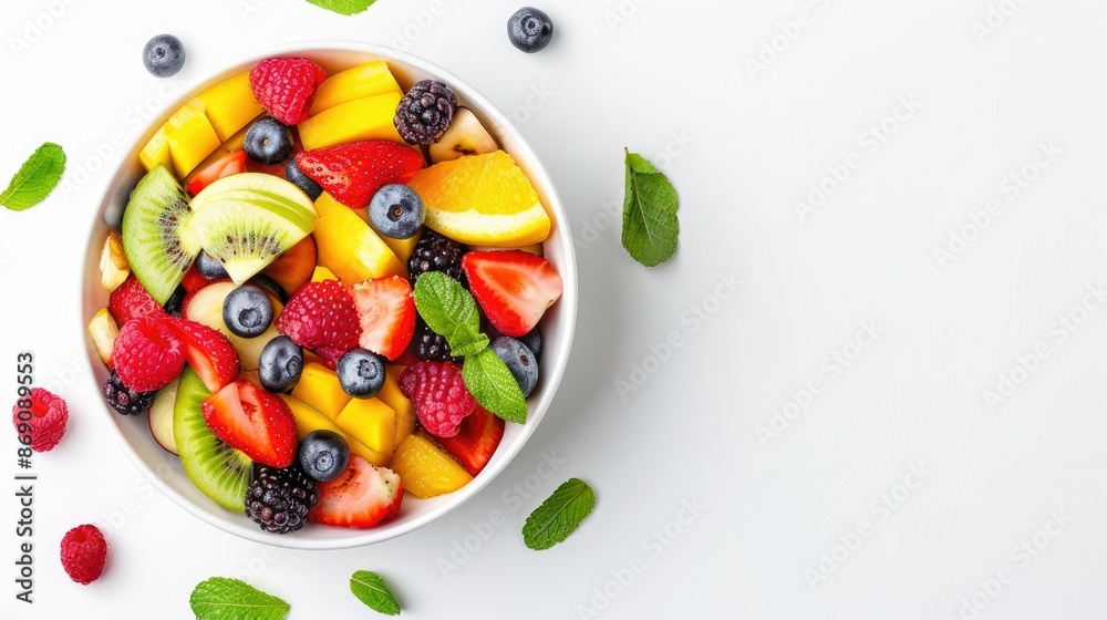 Healthy bowl of fresh fruit salad on a white background, perfect for a nutritious snack. Healthy bowl of fresh fruit salad on a white background, perfect for a nutritious snack.