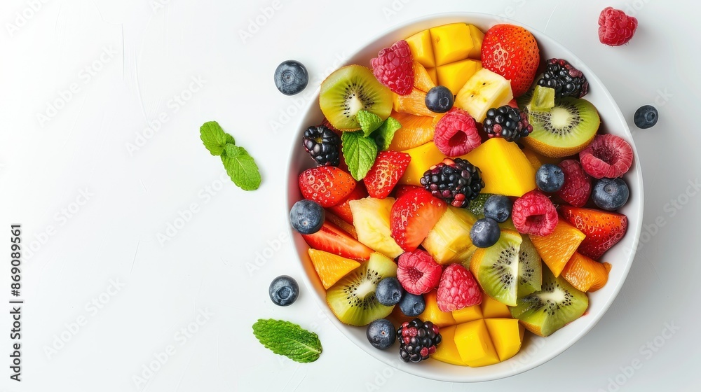 Healthy bowl of fresh fruit salad on a white background, perfect for a nutritious snack.