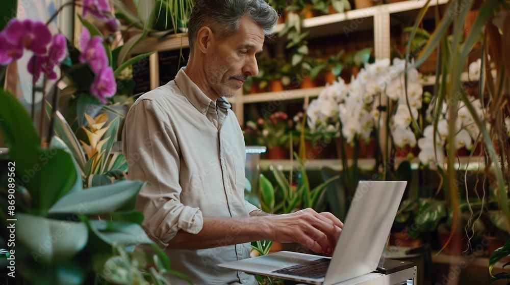 Caucasian man florist using laptop typing and taking inventory in Plant Store Botanist working small business owner Florist working on computer at workplace : Generative AI Caucasian man florist using laptop typing and taking inventory in Plant Store Botanist working small business owner Florist working on computer at workplace : Generative AI