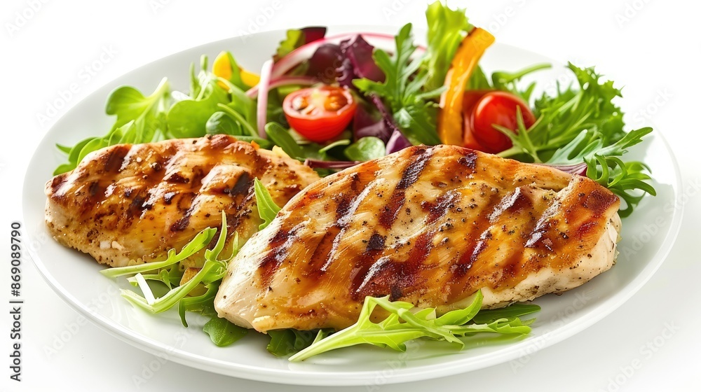 Juicy grilled chicken breast and fresh mixed salad, isolated on white for appetizing and wholesome dining ideas. Juicy grilled chicken breast and fresh mixed salad, isolated on white for appetizing and wholesome dining ideas.