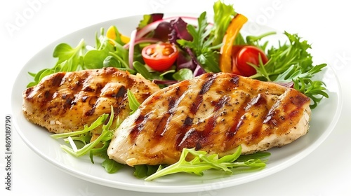 Juicy grilled chicken breast and fresh mixed salad, isolated on white for appetizing and wholesome dining ideas. © chanidapa