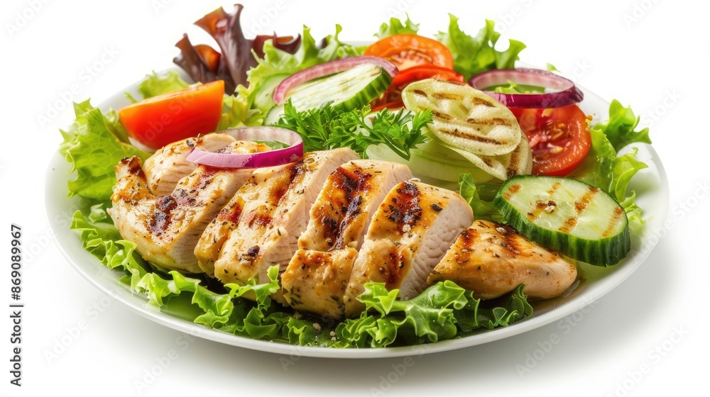 Juicy grilled chicken breast served with a colorful assortment of fresh salad, isolated on white for appetizing culinary presentations. Juicy grilled chicken breast served with a colorful assortment of fresh salad, isolated on white for appetizing culinary presentations.