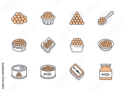 Red caviar flat line icons set. Canned fish eggs, tobiko roe, appetizer vector illustrations. Outline signs for seafood store. Orange color. Editable Strokes
