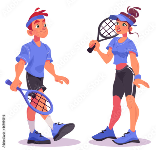 Tennis player character set - young smiling man and woman in sportswear with racket. Cartoon vector illustration of male and female athlete during training or competition. Sportsperson playing match.