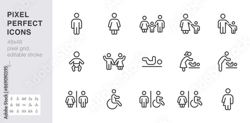 Toilet signs line icon set. Man, woman restroom, baby changing station, family room, gender neutral minimal vector illustrations. Simple outline sign for lavatory. 48x48 Pixel Perfect Editable Stroke