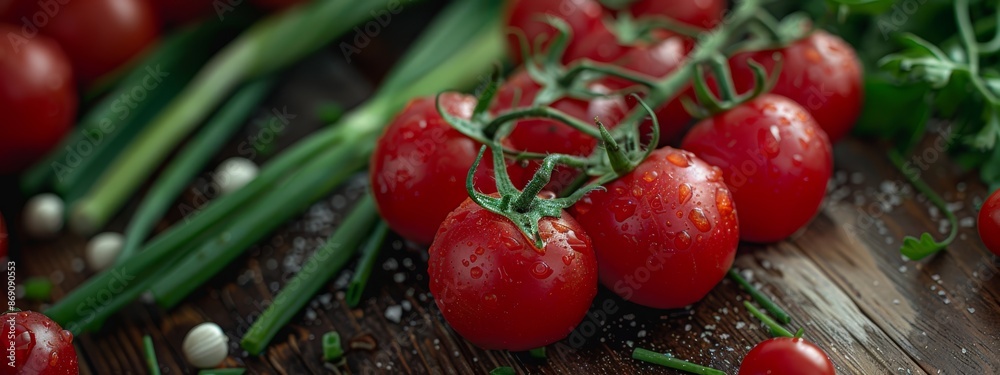  A collection of tomatoes atop a wooden table, surrounded by green onions and scallions