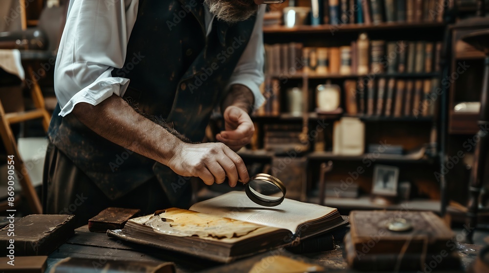 Business owner working in his shop and selling vintage items he is checking an antique book using a magnifier : Generative AI Business owner working in his shop and selling vintage items he is checking an antique book using a magnifier : Generative AI