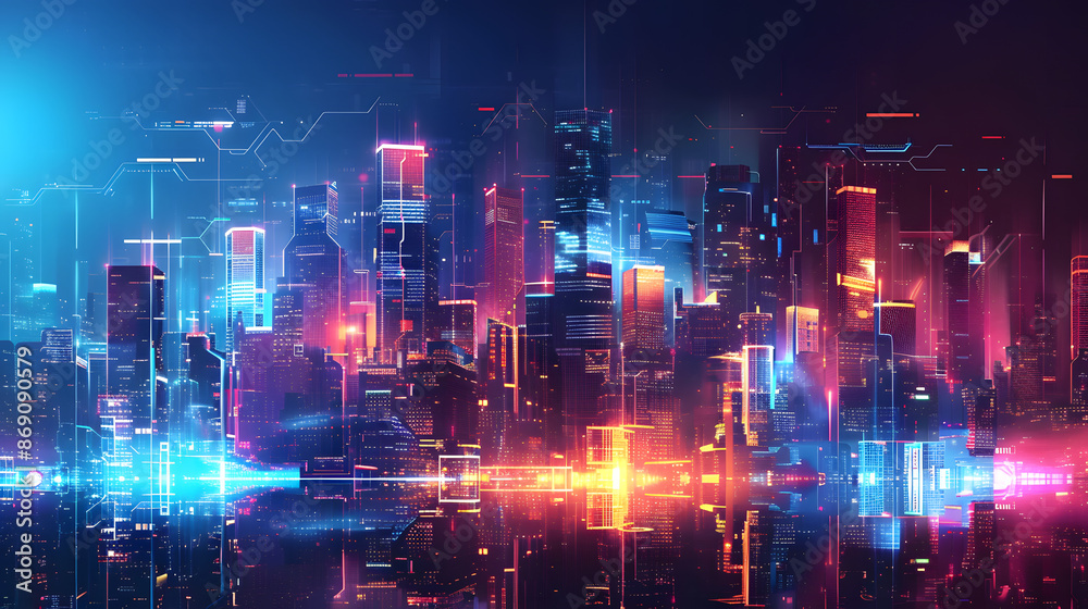 Fototapeta premium Vector illustration urban architecture, cityscape with space and neon light effect. Modern hi-tech, science, futuristic technology concept. Abstract digital high tech city design