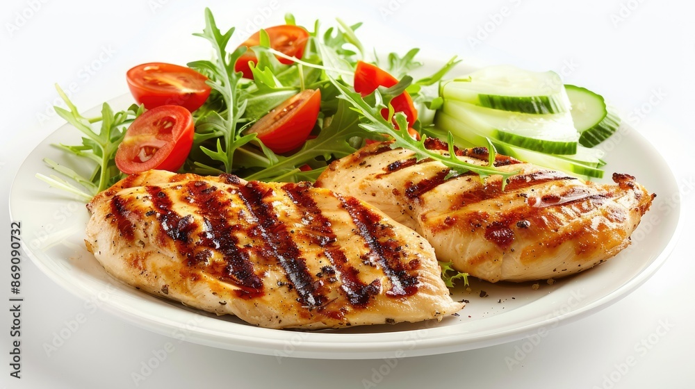Plate with grilled chicken breast and mixed salad, isolated on white for gourmet dining and fresh eating inspiration. Plate with grilled chicken breast and mixed salad, isolated on white for gourmet dining and fresh eating inspiration.