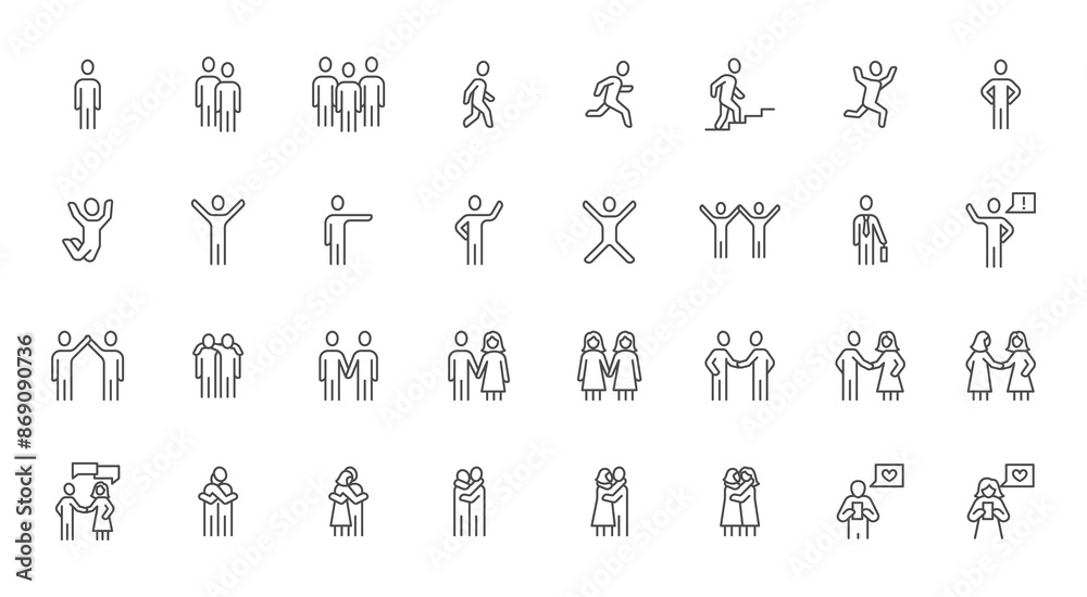 People in action line icon set. Man running, woman friends, communication, partnership, jumping person, cooperation minimal vector illustrations. Simple outline signs for human figure. Editable Stroke People in action line icon set. Man running, woman friends, communication, partnership, jumping person, cooperation minimal vector illustrations. Simple outline signs for human figure. Editable Stroke