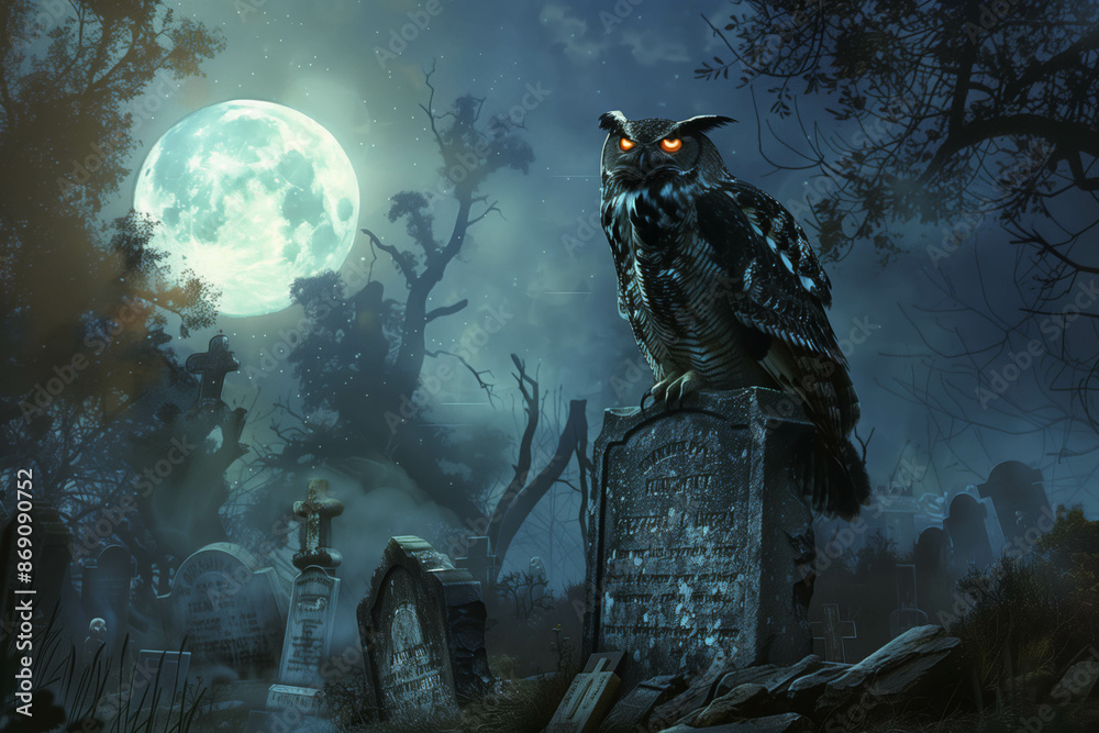 Fototapeta premium Owl Perched on Gravestone in Mystical Graveyard