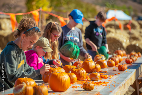 Children Carving Pumpkins at Autumn Event