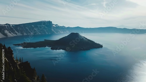 Panoramic view of Crater Lake  the main feature of Crater Lake National Park the lake partly fills a caldera formed by the collapse of the volcano Mt Mazama southcentral Oregon western : Generative AI photo