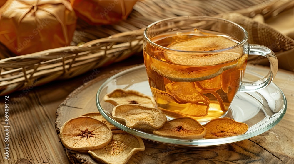 Refreshing quince tea with dried bael fruit slices, capturing a healthy and natural drink. Refreshing quince tea with dried bael fruit slices, capturing a healthy and natural drink.