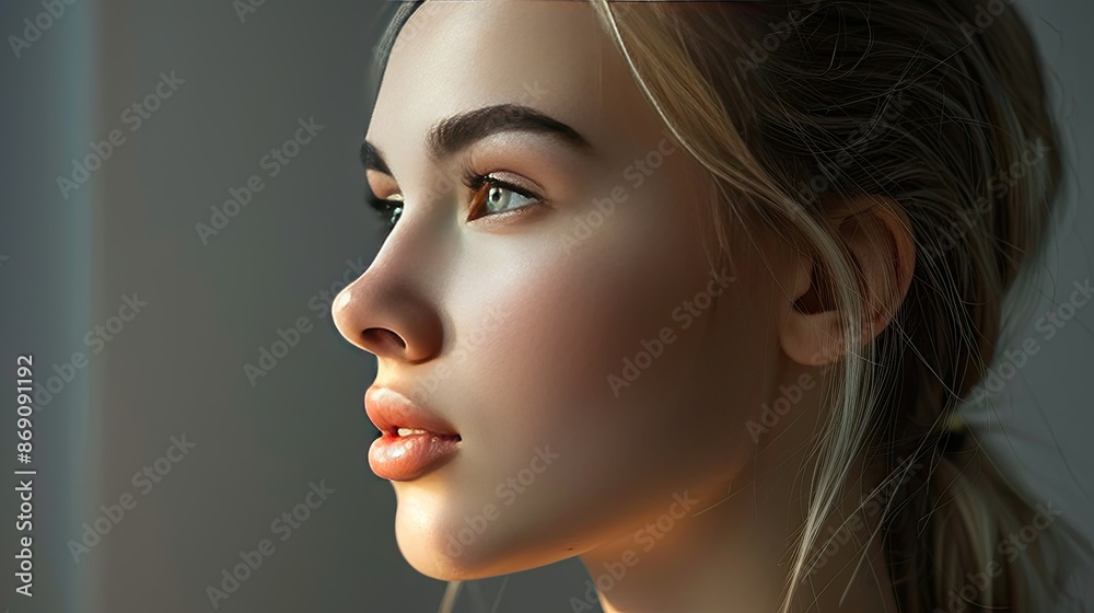 Side view of a young woman with flawless, healthy skin, capturing her natural beauty. Side view of a young woman with flawless, healthy skin, capturing her natural beauty.