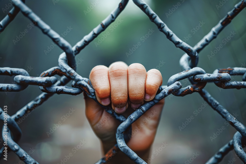 A close-up of a hand gripping a blue-toned chain-link fence at dusk, evoking feelings of hope and restraint A close-up of a hand gripping a blue-toned chain-link fence at dusk, evoking feelings of hope and restraint
