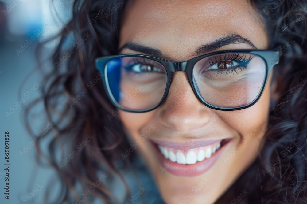 A close-up view of a joyful woman of Indian descent wearing glasses, expressing happiness through her eyes, A woman of Indian descent beams with joy, her eyes framed by a pair of chic spectacles A close-up view of a joyful woman of Indian descent wearing glasses, expressing happiness through her eyes, A woman of Indian descent beams with joy, her eyes framed by a pair of chic spectacles