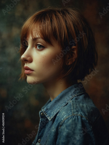 Portrait of a young woman with short red hair in a denim jacket.