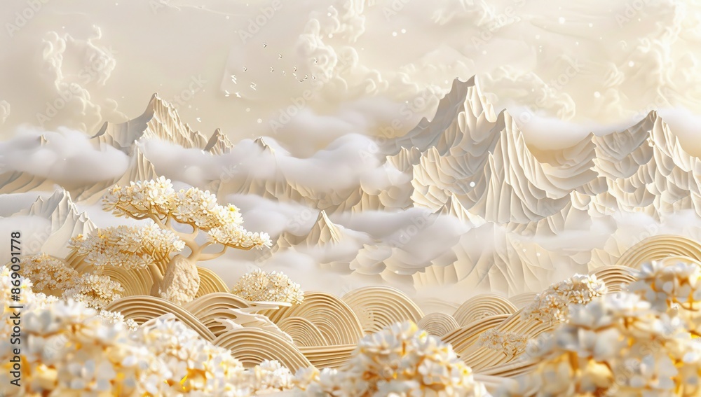 Abstract Mountain Landscape with White Blossoms Abstract Mountain Landscape with White Blossoms