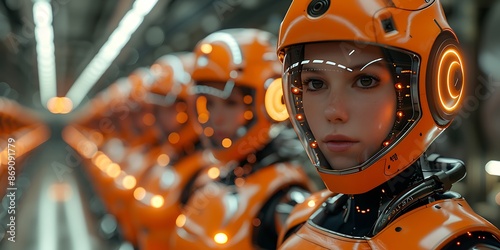 Fototapeta Naklejka Na Ścianę i Meble -  3D rendering of a female robot in an orange futuristic space station