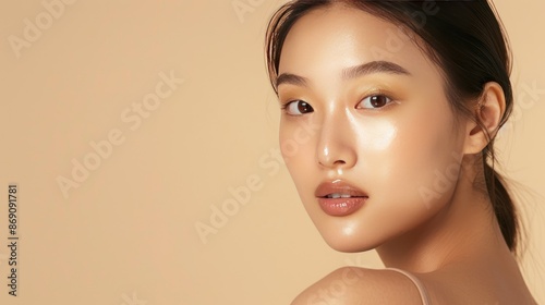 Young Asian woman with clean, glowing skin on a beige background, highlighting her natural radiance.